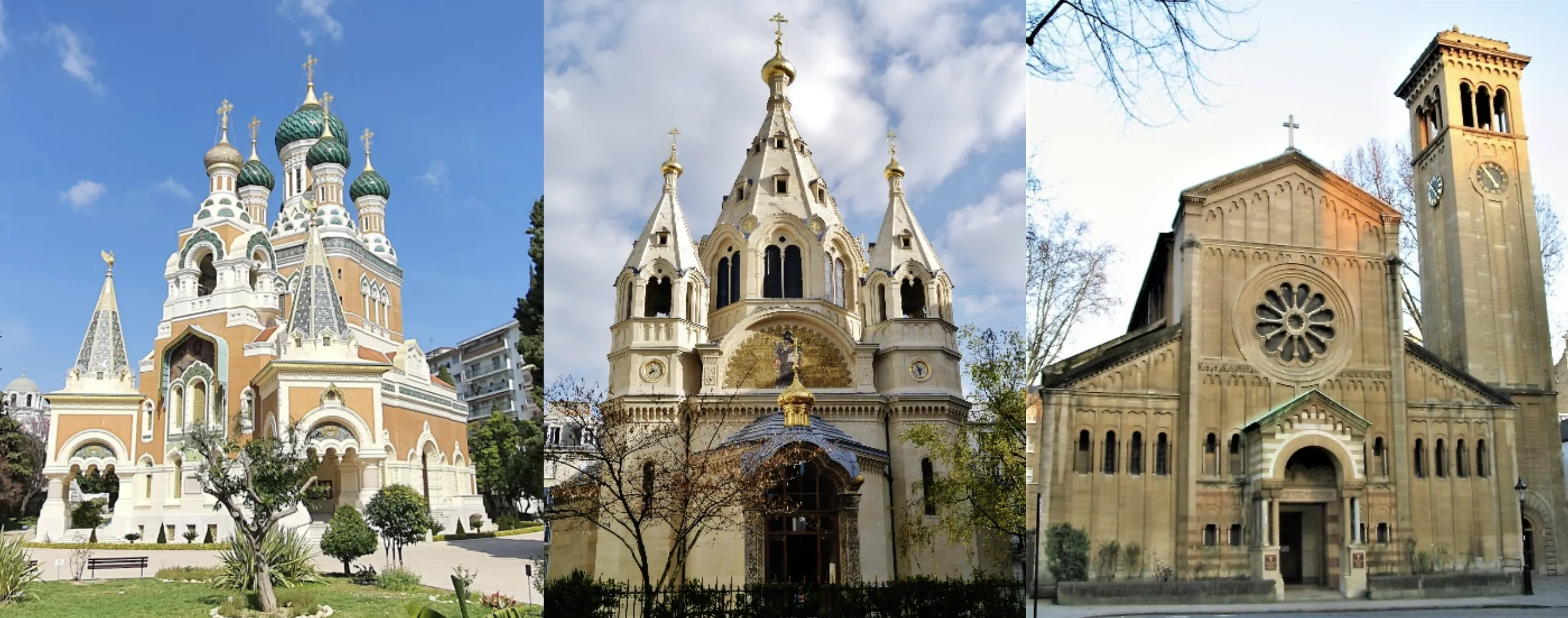 (COLLAGE) Russian churches in Nice, Munich, and London. Thanks to the Russian emigration, Orthodox churches became an inseparable part of the spiritual landscape of Europe’s capitals.