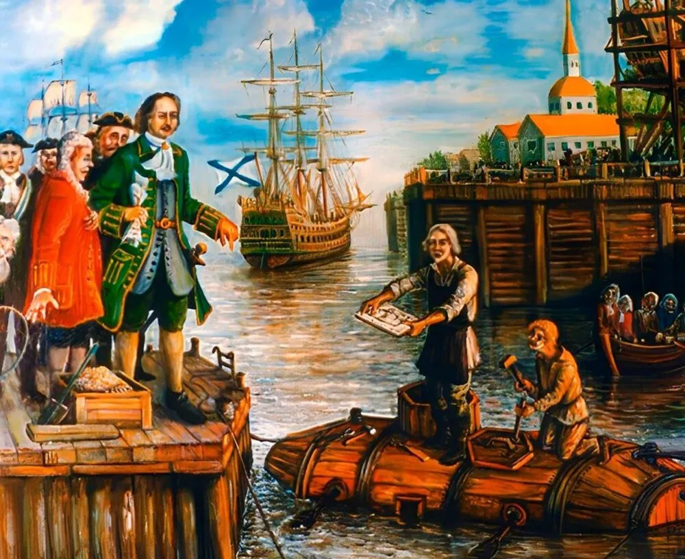 Peter I attends the trial of the “hidden vessel” — the first Russian submarine.